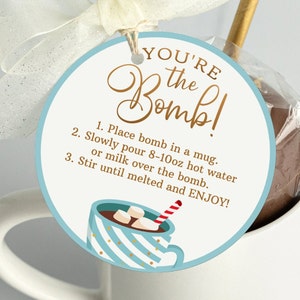 Editable Hot Chocolate Bomb Tags with Instructions Winter Christmas Favor Tags - You&#39;re the Bomb - 2 inch - 0500C