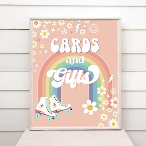 Editable Roller Skate Birthday Party Sign Template Cards & Gifts Roller Retro Groovy Skate Birthday Rainbow Daisy Digital Download RP1 700