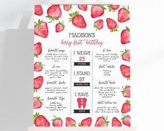 Editable Strawberry Birthday Milestone Sign - Strawberry Birthday Party One Year Sign Template - Digital Instant Download BBP 800