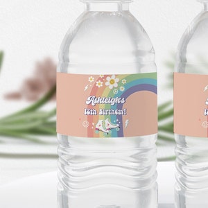 Roller Skate Water Bottle Labels - Retro Groovy Let's Roll Roller Skate Birthday Party Rainbow Daisy Digital Download RP1 700
