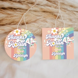 Roller Skate Happy Birthday Favor Tags - Retro Groovy Let&#39;s Roll Roller Skate Birthday Party Rainbow Daisy Digital Download RP1 700