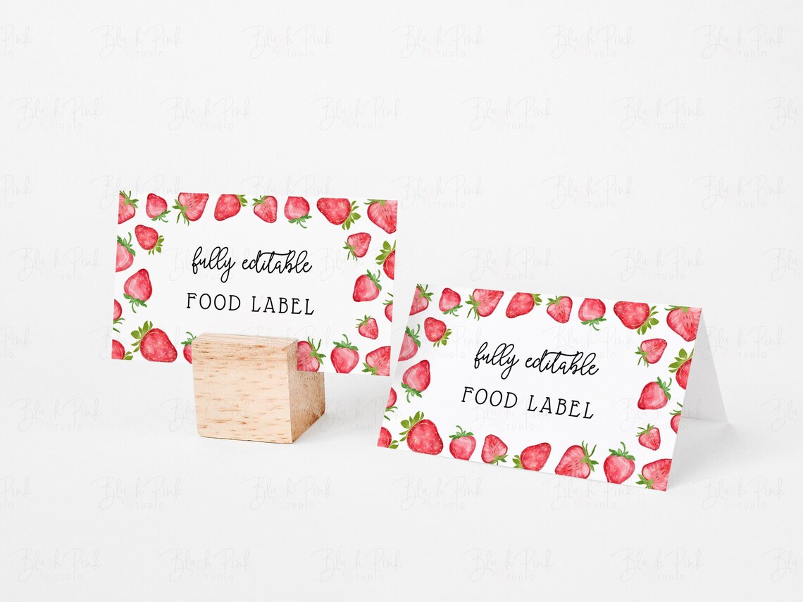 Editable Strawberry Party Food Label Tent Card Template Berry First