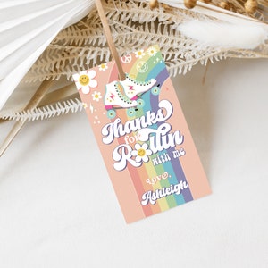 Roller Skate Happy Birthday Favor Tags Retro Groovy Let&#39;s Roll Roller Skate Birthday Party Rainbow Daisy Digital Download Rectangle RP1 700