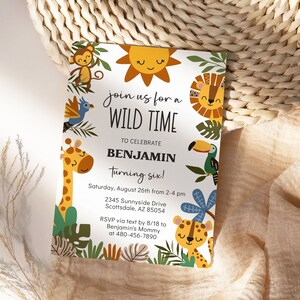 Editable Safari 6th Birthday Invitation for Boy 6th Birthday Invite - Party Animals Boho Jungle Safari Party Digital Download SB1 6001