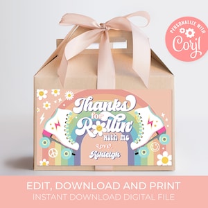 Roller Skate Birthday Gable Box Favor Label Retro Groovy Let&#39;s Roll Roller Skate Birthday Party Daisy Digital Download Rectangle RP1 700