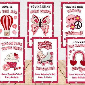 Tarjetas editables del Día de San Valentín Retro Groovy Boho Pink, Tarjetas del Día de San Valentín en el aula para niños, Etiquetas de regalo del Día de San Valentín - VAL