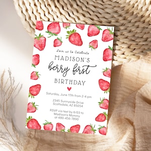 Berry First Birthday Invitation - 1st Birthday Girl - Strawberry Birthday Invitation - Digital Instant Download BBP 800