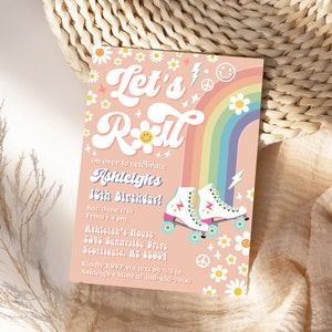 Editable Any Age Retro Groovy Let's Roll Roller Skate Birthday Party Invitation Rainbow Daisy Digital Download RP1 700