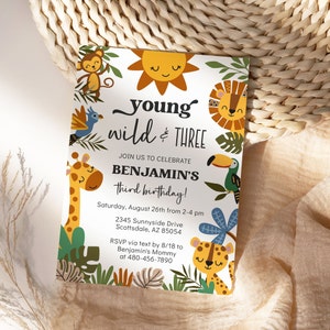 Editable Young Wild and Three Birthday Invitation for Boy 3rd Birthday Invite - Boho Jungle Animal Party - Digital Instant Download SB1 6001