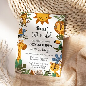 Editable Four Ever Wild Birthday Invitation for Boy 4th Birthday Invite - Boho Jungle Animal Safari Party, Digital Instant Download SB1 6001