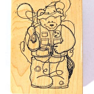 Darcie's Country Bear All Tied Up Fly Fisherman Rubber Stamp Folk Art Craft Gift