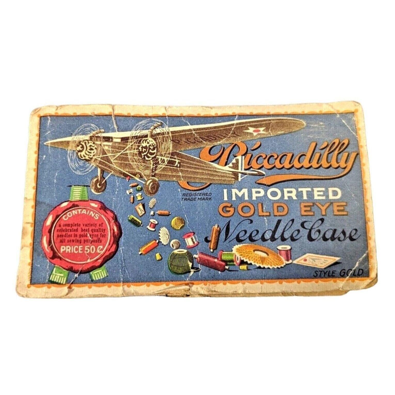 Piccadilly Airplane Gold Eye Needle Case with Sewing Needles Vintage Ephemera