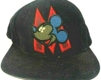 Disney Mickey Mouse Black Baseball Cap Hat Blue Red Embroidered Logo VTG 90s
