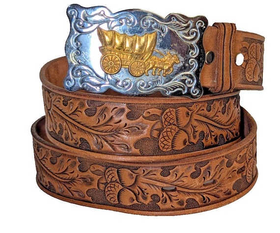 Chambers Leather Belt Co. USA Belt Buckle Covered Wagon Oak Leaves Acorn Belt