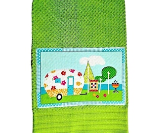 Retro Flower Power Camper Green Kitchen Towel Applique Trailer Cotton 16 x 28-in