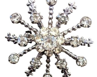 Snowflake Brooch Pin Starburst Silver Metal Rhinestone 1.5-in Vintage 1960 Gift