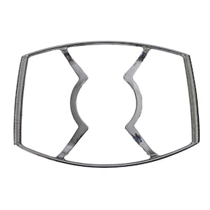 May include: A shiny, silver-colored trivet with a rectangular frame and a unique, curved design in the center. The ends of the frame have a coiled spring design. This trivet is designed to protect surfaces from hot cookware.