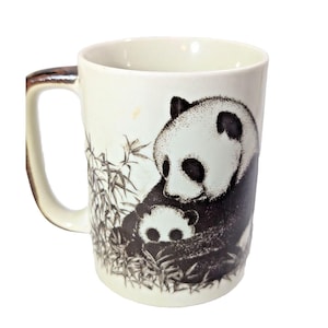 Vintage 1980 Otagiri Japan Panda Bear Coffee Mug Cup Mom Baby Bamboo Brown Cream