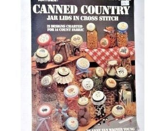 Leisure Arts Canned Country Jar Lids in Cross Stitch 21 Designs Leaflet 381 VTG