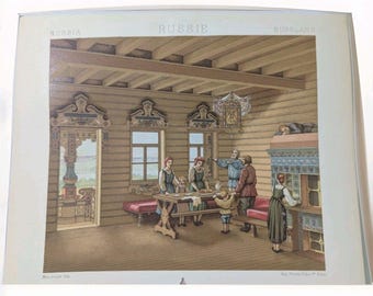 1888 Französischer Antiker Druck Russische Hausszene Albert Racinet Chromolithograph