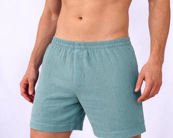 Cuecas boxer masculinas de musselina orgânica, roupa de dormir, shorts de verão.