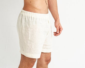 Calzoncillos bóxer de lino orgánico para hombre, ropa de dormir, color beige.