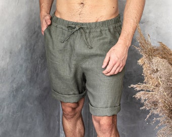 Olijfgroene linnen bermuda heren, biologische zomerkleding