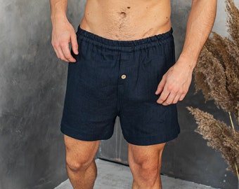 Caleçon bleu en lin, vêtements de nuit bio, cadeau pour lui