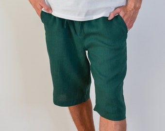 Green linen shorts-Linen shorts men-Beach linen shorts-Drawstring shorts for men-Loose summer shorts-Mens elastic band shorts-Bermuda shorts