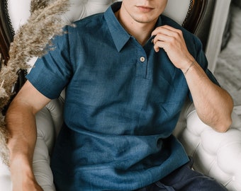 Men's Blue Linen Polo Shirt, Organic Casual Short Sleeve Tee