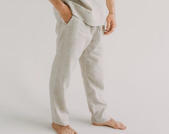 Men's Linen PANTS,Loose Linen Pants, Men's Wide Leg Pants Linen Pants, Linen Pants with Pockets, Men's Elastic Waist Linen Pants