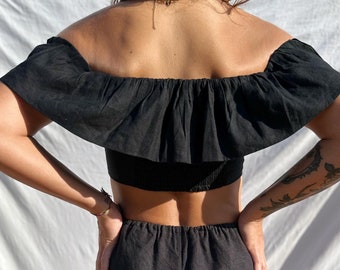Handgemachte Leinen Cami Top, schwarze Träger, Sommer Top