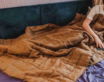 HEMP brown natural blanket -Hemp quilt-Organic linen  fabric + filler organic Hemp fiber - Custom made blanket