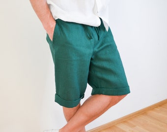 Heren linnen shorts, zomer shorts, groene linnen shorts, beach shorts, shorts met zakken, shorts voor mannen, bermuda shorts, lente shorts