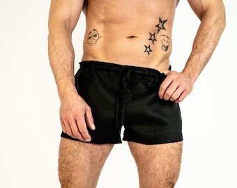 Latex free man underwear with linen lace, Linen shorts, Natural linen sleep shorts, Organic sleep boxer ,Linen underwear