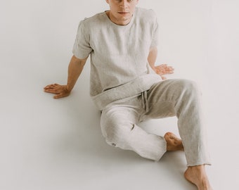 Natural Linen Mens Set, Linen T-shirt and Pants