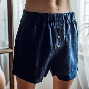 Linne-sovshorts, Ekologiska herrunderkläder, Blå bomullsboxershorts, Pyjamasshorts, Alla hjärtans dag-present