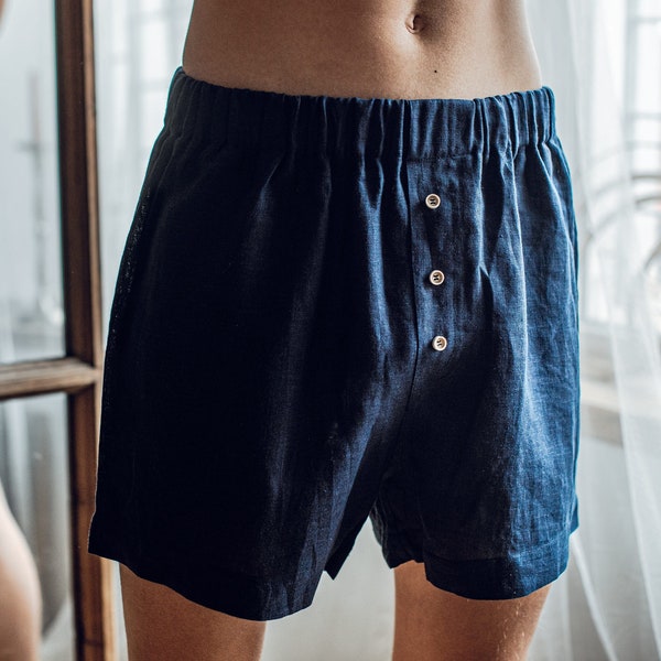 Short de nuit en lin, Sous-vêtements pour hommes biologiques, Boxers bleus en coton, Short de pyjama, Cadeau de la Saint-Valentin