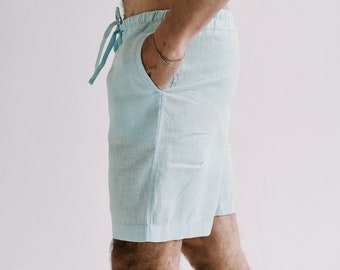 Mens linnen shorts, Lichtblauwe shorts, Shorts met zakken, Zomer shorts, Shorts voor mannen, Mans biologische kleding, Bermuda shorts, Cadeau voor mannen