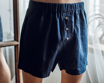 Linen sleep shorts, Organic men's underwear, Blue cotton boxers briefs, Pajama shorts, Valentine's Day Gift