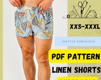 May include: Light blue linen shorts with a tropical leaf pattern. The image includes text that reads "PDF Pattern Linen Shorts Underwear" and "Beginner Friendly". Sizes available are XXS-XXXL.