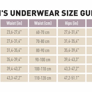 K&ouml;nnte beinhalten: Eine Gr&ouml;&szlig;entabelle f&uuml;r Unterw&auml;sche, die die Taillen- und H&uuml;ftma&szlig;e in Zoll und Zentimetern angibt. Die Tabelle umfasst die Gr&ouml;&szlig;en XS, S, M, L, XL und XXL.