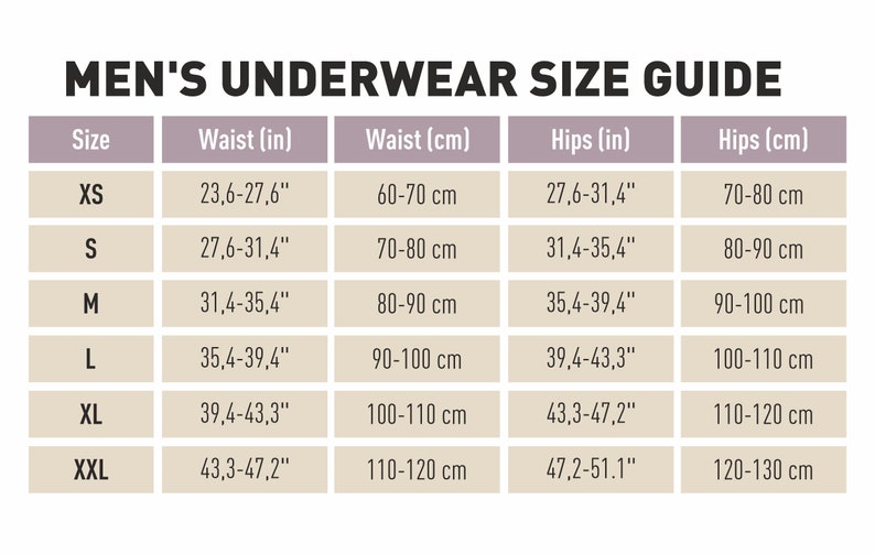 K&ouml;nnte beinhalten: Eine Gr&ouml;&szlig;entabelle f&uuml;r Unterw&auml;sche, die die Taillen- und H&uuml;ftma&szlig;e in Zoll und Zentimetern angibt. Die Tabelle umfasst die Gr&ouml;&szlig;en XS, S, M, L, XL und XXL.