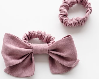 SET Große Schleife Scrunchie, LEINEN Rose Scrunchie, Leinen Knotenschleife Scrunchie, Leinen Haarschleife, Leinen Haarschmuck, Süße scrunchies, Geschenk für sie