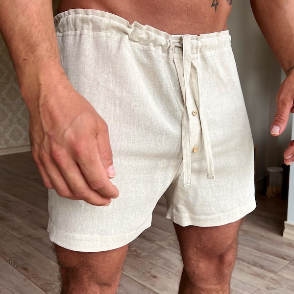 Latex free man underwear, Linen shorts with linen lace, Natural linen sleep shorts, Organic sleep boxer ,Linen underwear