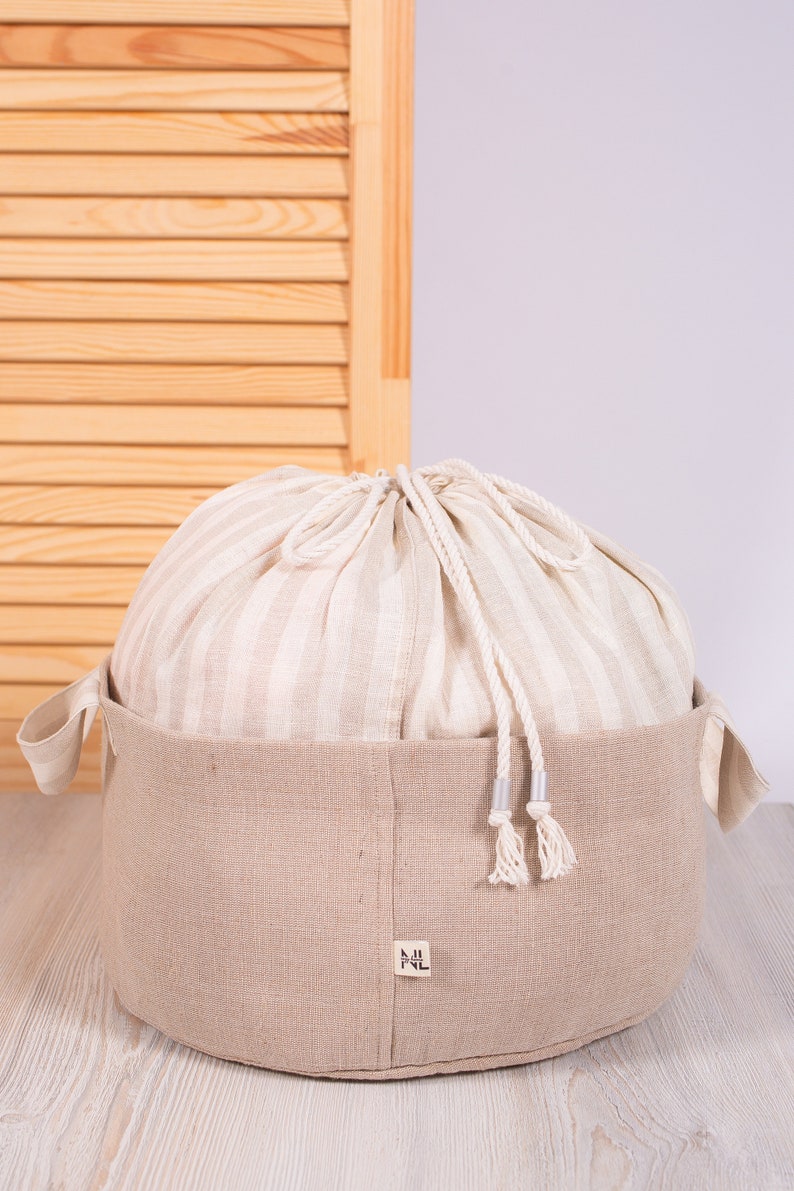 Linen storage basket, Easter linen basket, Zero waste storage, Drawstring linen bag, Organic organizers, Kitchen buffet, Bag cylinder image 2