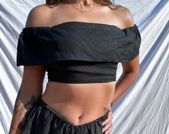 Handgemachte Leinen Camisole Top, Schwarze Spaghetti-Träger, Bio Leinen