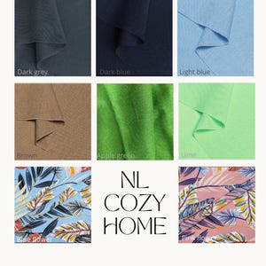 Pu&ograve; includere: Un collage di campioni di tessuto in vari colori, tra cui grigio scuro, blu scuro, azzurro, marrone, verde mela e lime. L'immagine presenta anche tessuti fantasia con disegni floreali blu e rosa. Il testo "NL COZY HOME" &egrave; visibile.