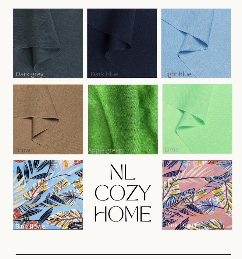 Pu&ograve; includere: Un collage di campioni di tessuto in vari colori, tra cui grigio scuro, blu scuro, azzurro, marrone, verde mela e lime. L'immagine presenta anche tessuti fantasia con disegni floreali blu e rosa. Il testo "NL COZY HOME" &egrave; visibile.