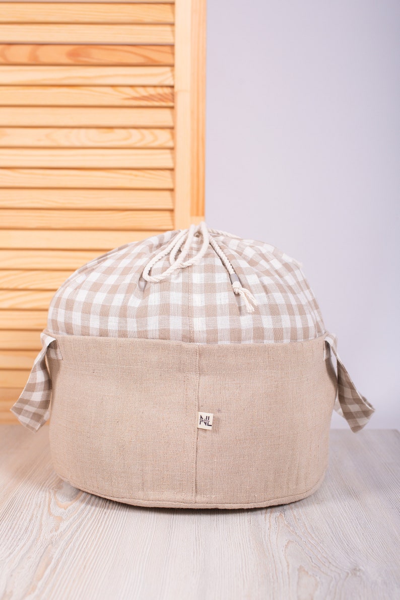 Linen storage basket, Easter linen basket, Zero waste storage, Drawstring linen bag, Organic organizers, Kitchen buffet, Bag cylinder Beige checkered